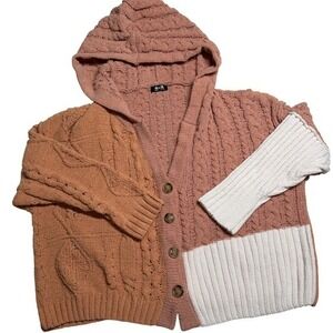 Miss Me Women XS Chenille Hooded Cardigan Salmon Pink Colorblock